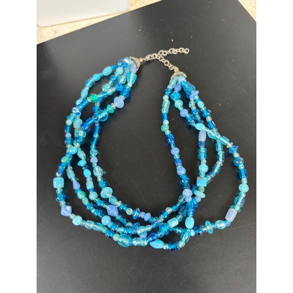 Multi-Strand Blue Beaded Glass Necklace Adjustable 18"-22" Boho Chic Statement J